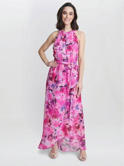 Gina Bacconi Hermione Floral Print Maxi Dress, Hot Pink, Hot Pink