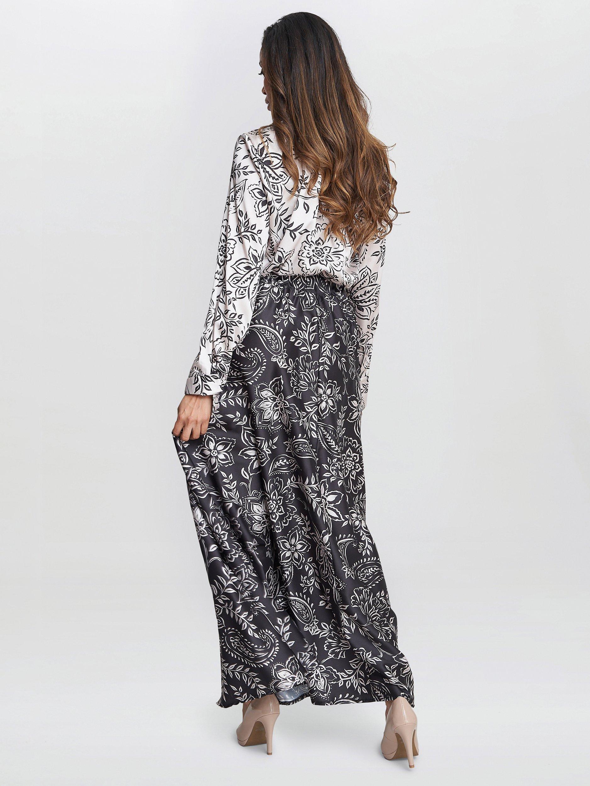 Product image 2 of 4, which shows Gina Bacconi Dakota Satin Elastic Waist Skirt, Black/White, S