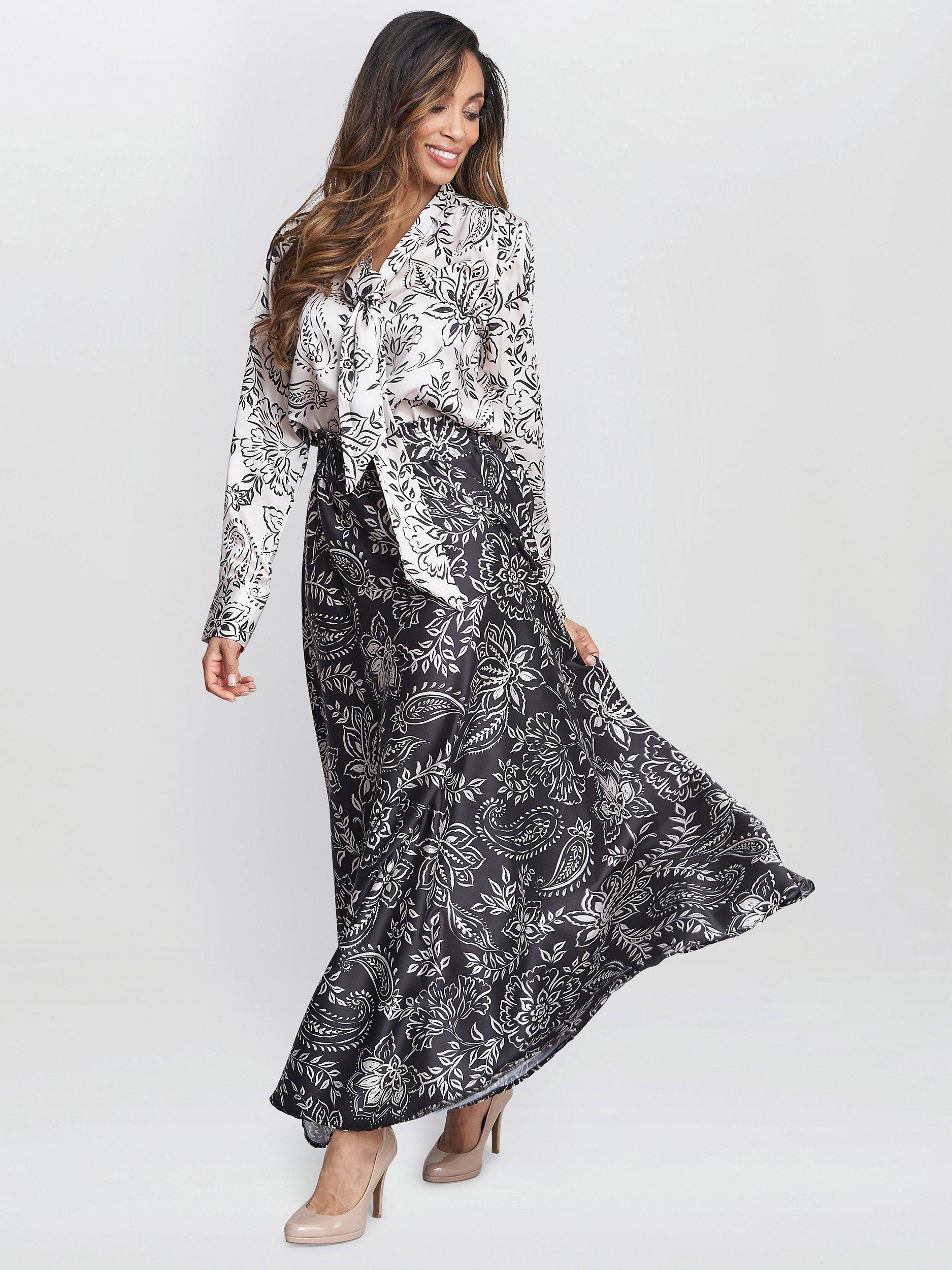 Product image 3 of 4, which shows Gina Bacconi Dakota Satin Elastic Waist Skirt, Black/White, S