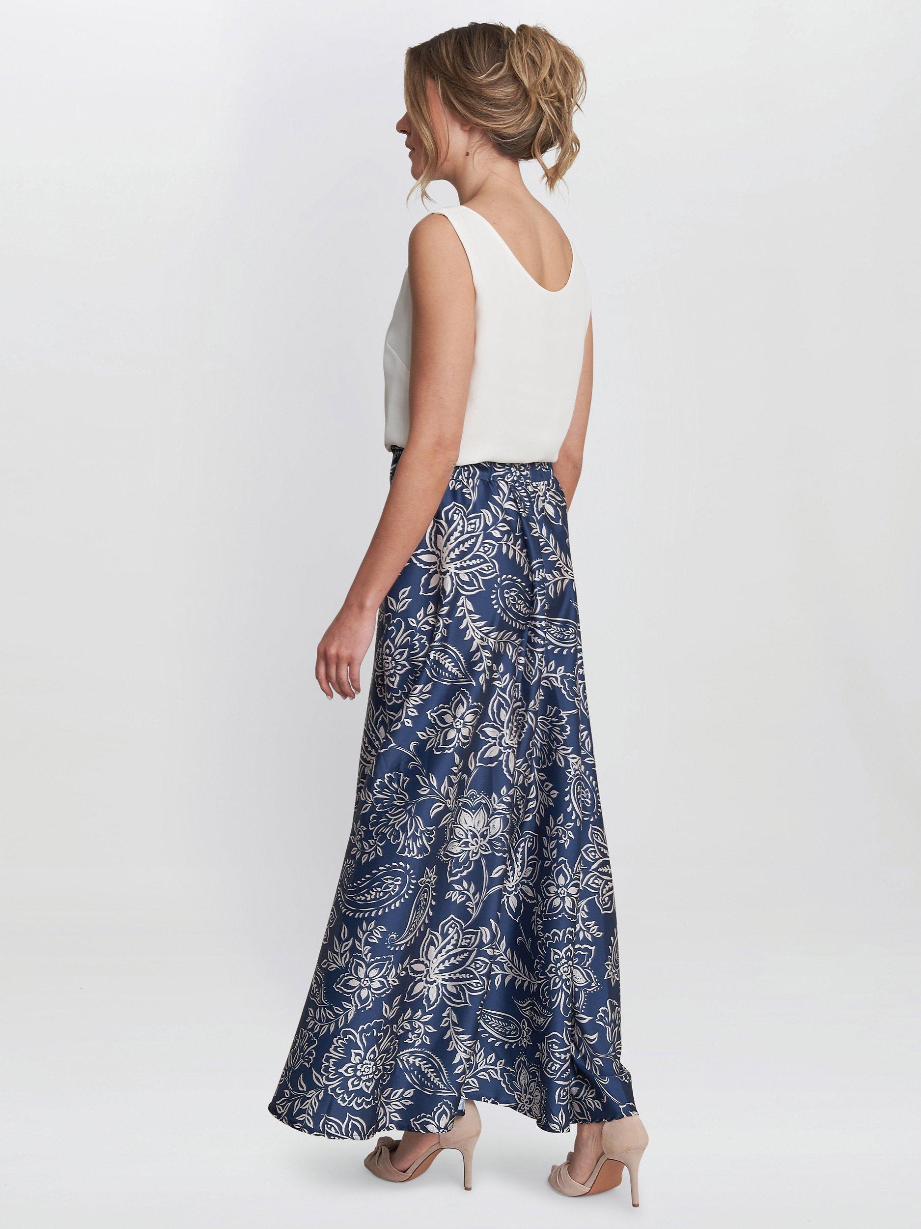 Product image 2 of 6, which shows Gina Bacconi Dakota Satin Elastic Waist Skirt, Blue/White, S