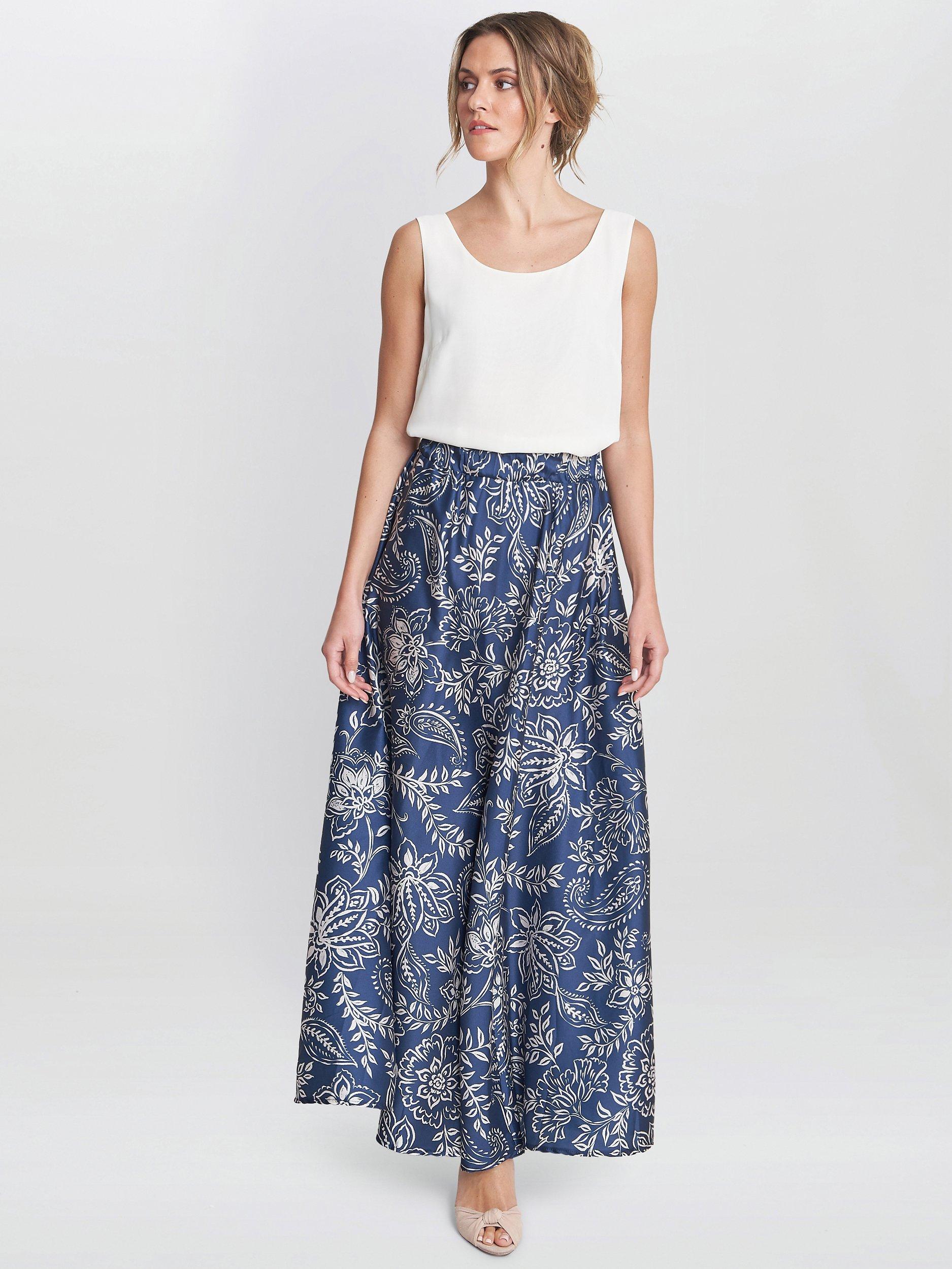 Product image 3 of 6, which shows Gina Bacconi Dakota Satin Elastic Waist Skirt, Blue/White, S