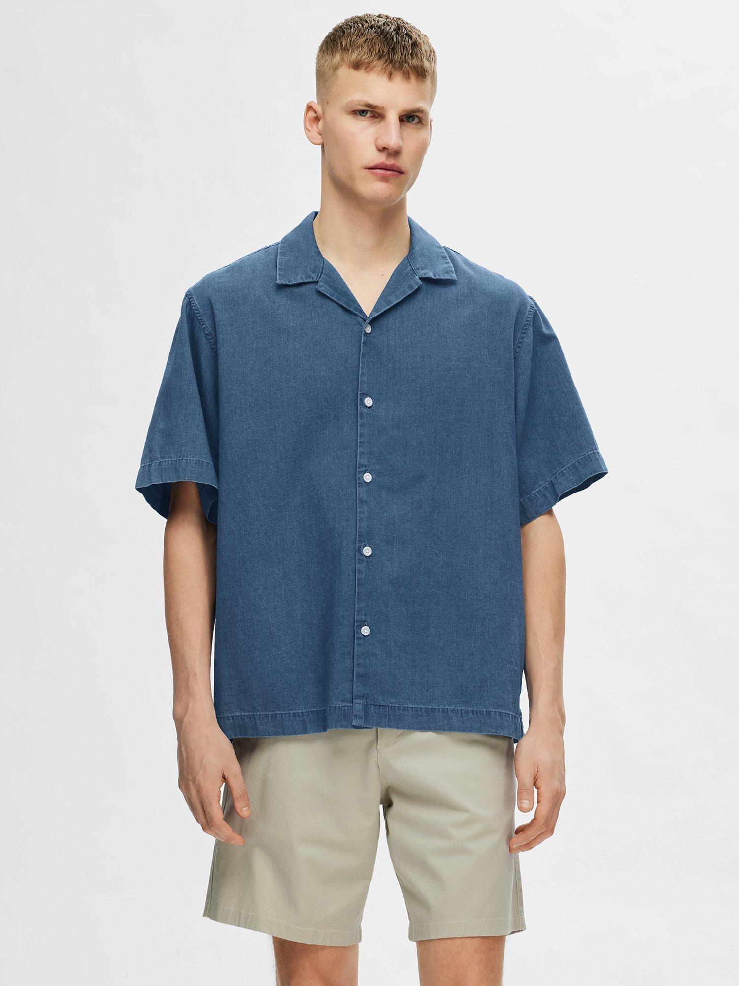 SELECTED HOMME Denim Short Sleeve Box Fit Shirt, Light Blue Denim