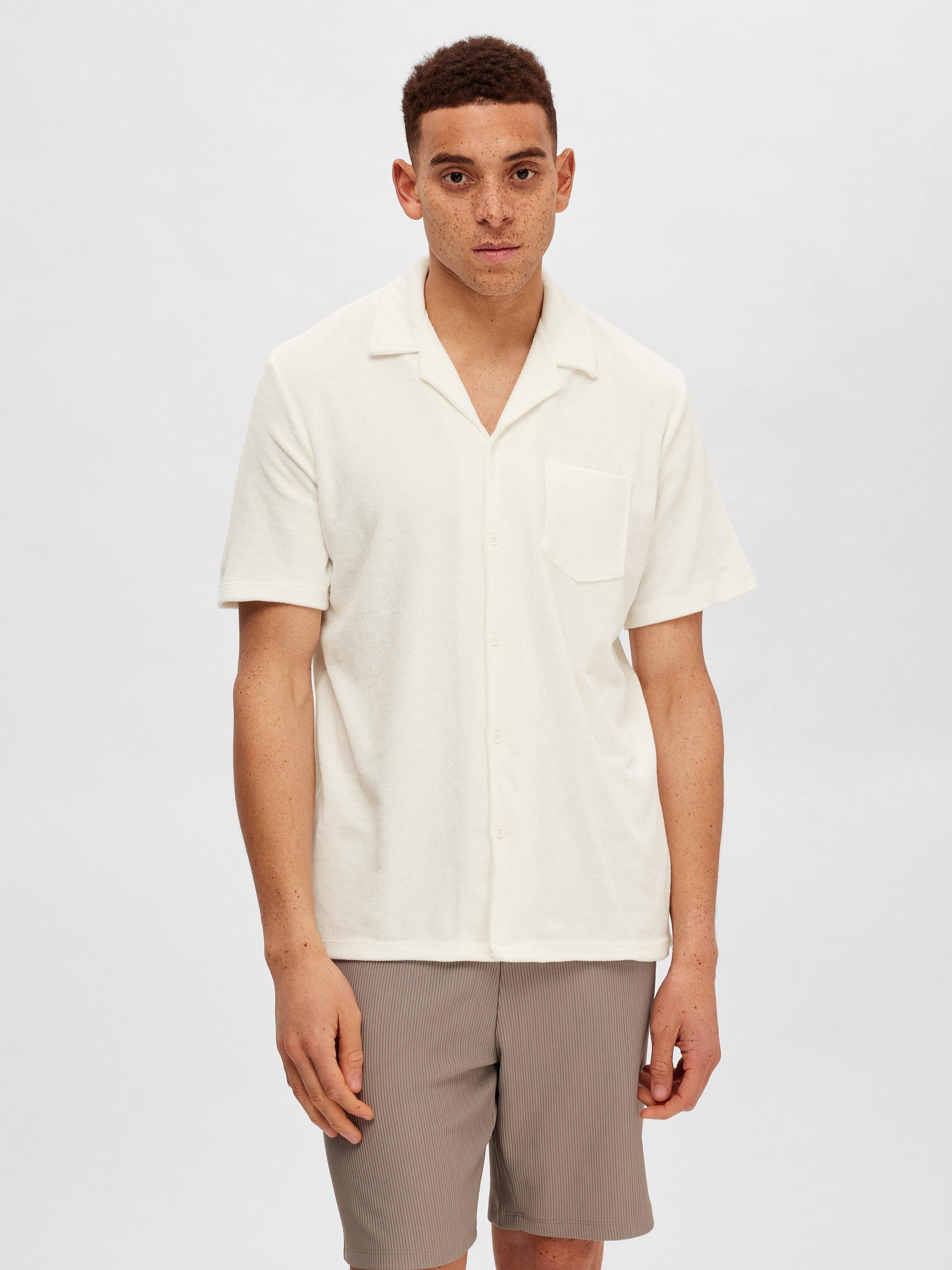 SELECTED HOMME Revere Collar Short Sleeve Shirt, Egret