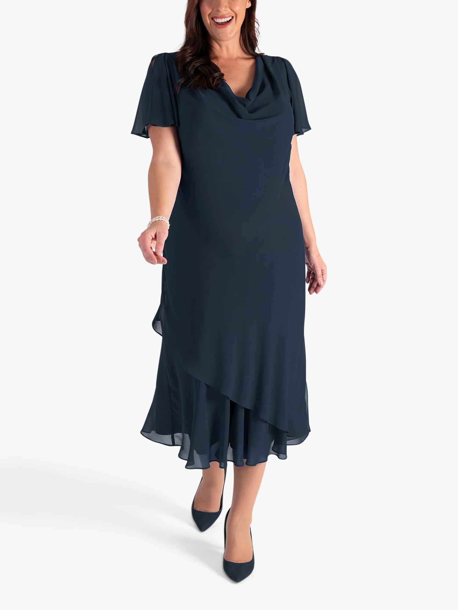 Product image 1 of 4, which shows chesca Double Layer Chiffon Cowl Neckline Dress, Dark Navy, 12-14