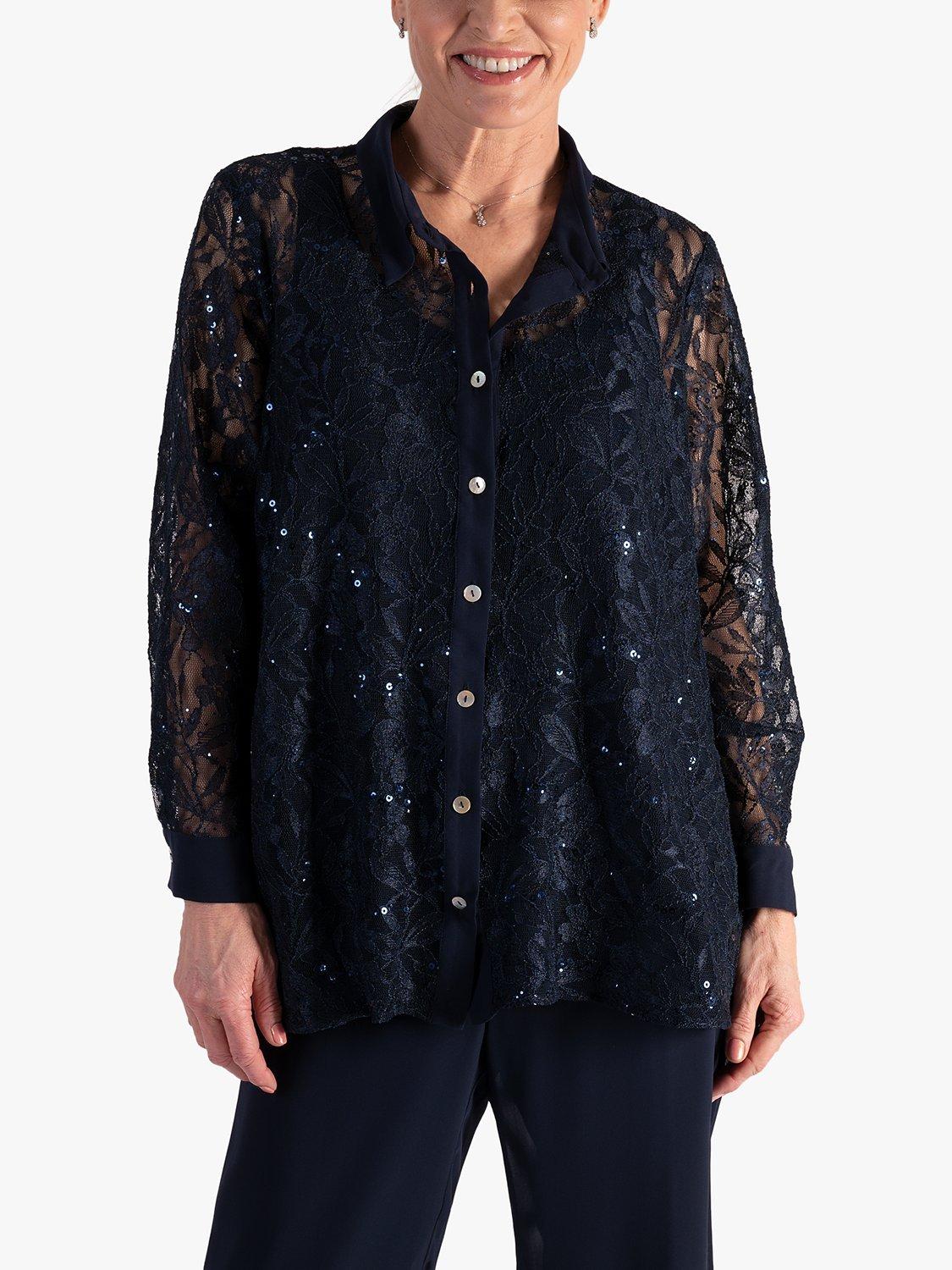 Product image 1 of 7, which shows chesca Sequin Lace Shirt, Dark Navy, 12-14