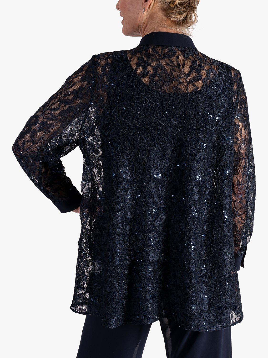 Product image 2 of 7, which shows chesca Sequin Lace Shirt, Dark Navy, 12-14