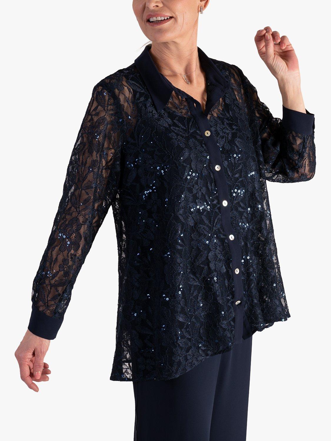 Product image 3 of 7, which shows chesca Sequin Lace Shirt, Dark Navy, 12-14