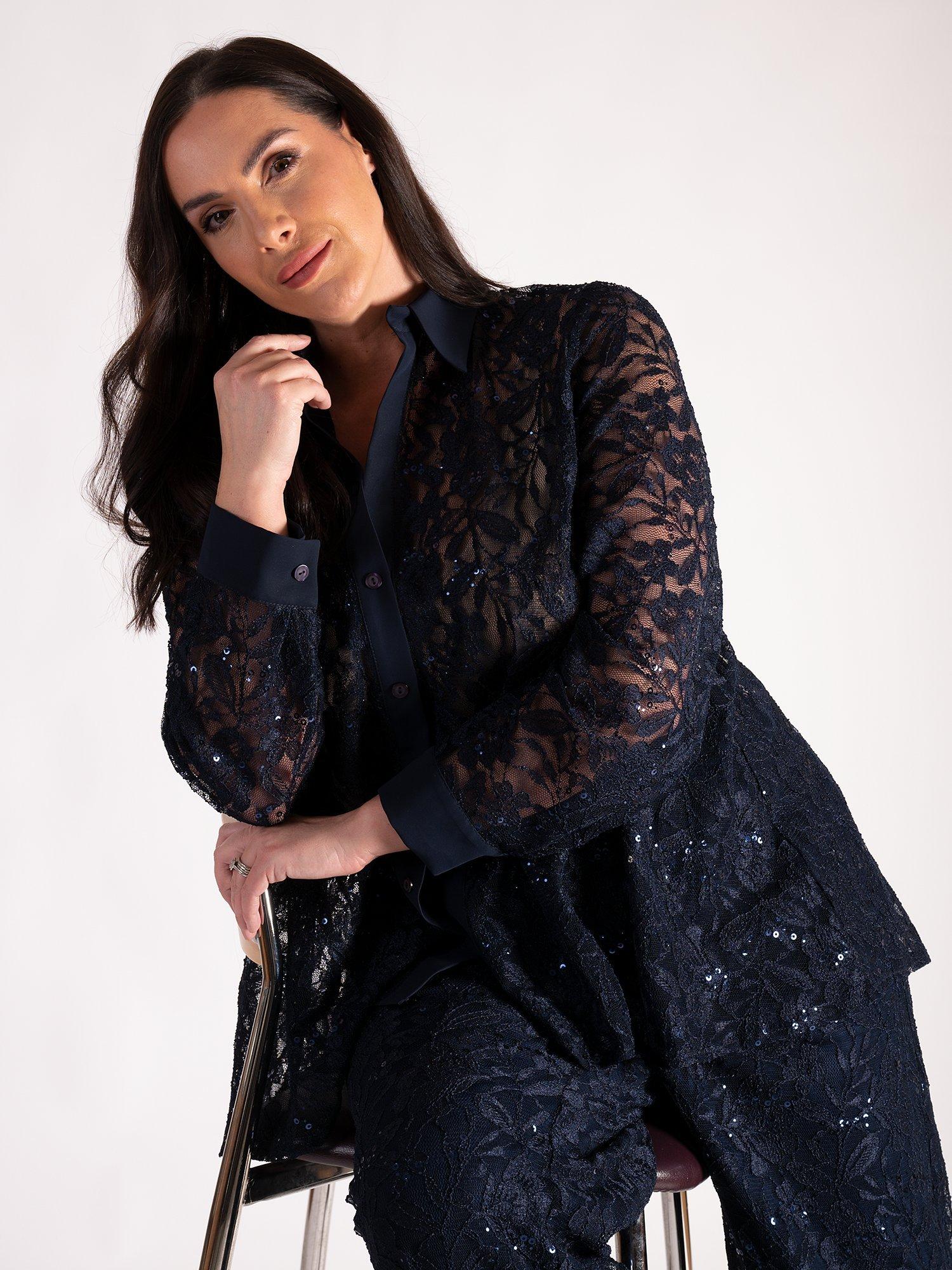 Product image 7 of 7, which shows chesca Sequin Lace Shirt, Dark Navy, 12-14