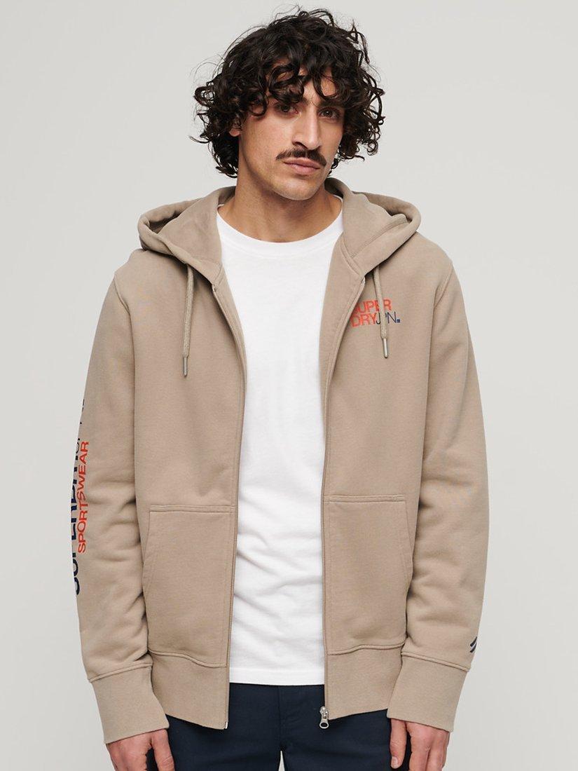 Superdry Sportswear Logo Loose Zip Hoodie, Deep Beige Slub
