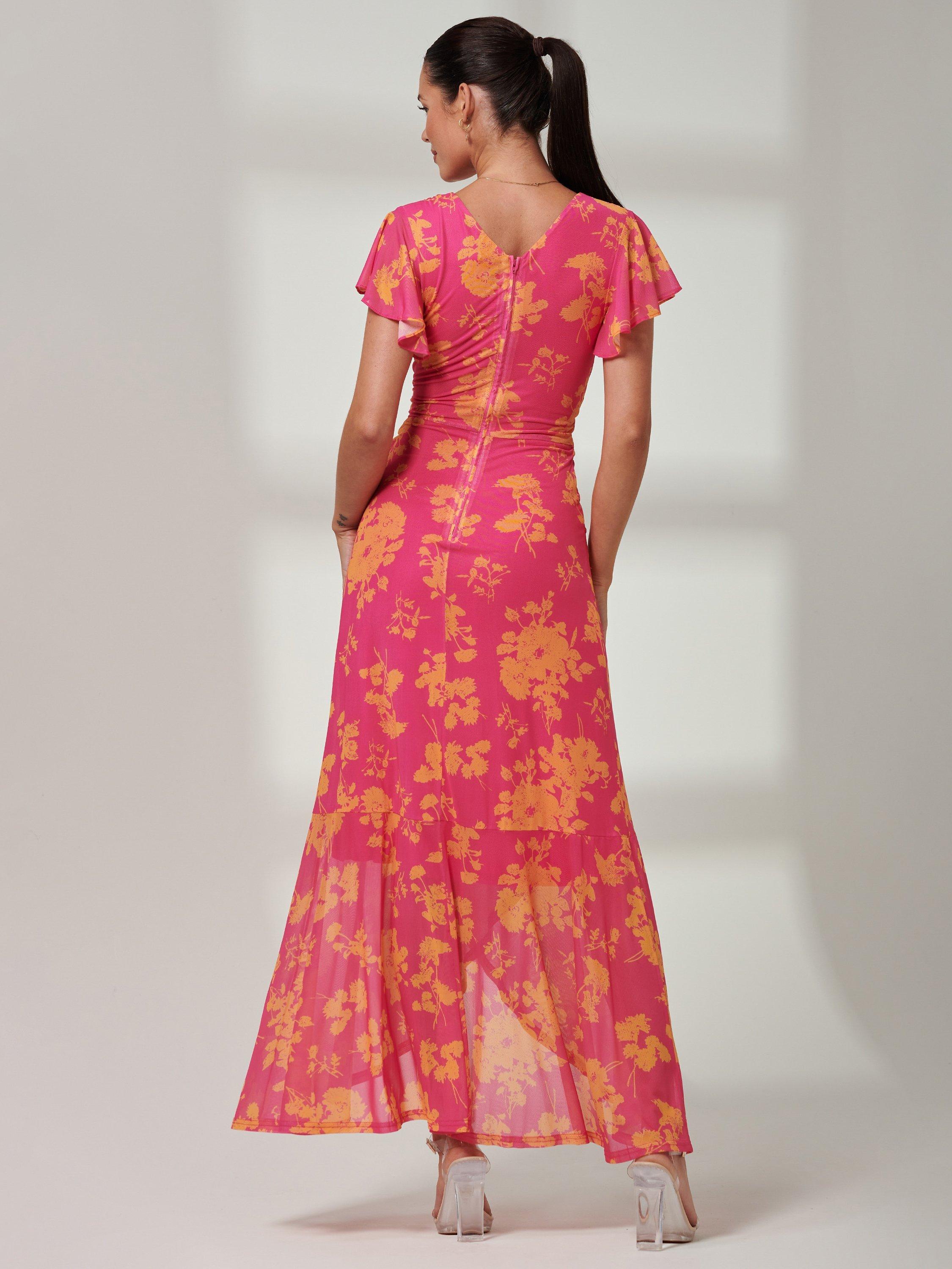 Product image 2 of 7, which shows Jolie Moi Gisselle Mesh Maxi Dress, Pink Floral, 8