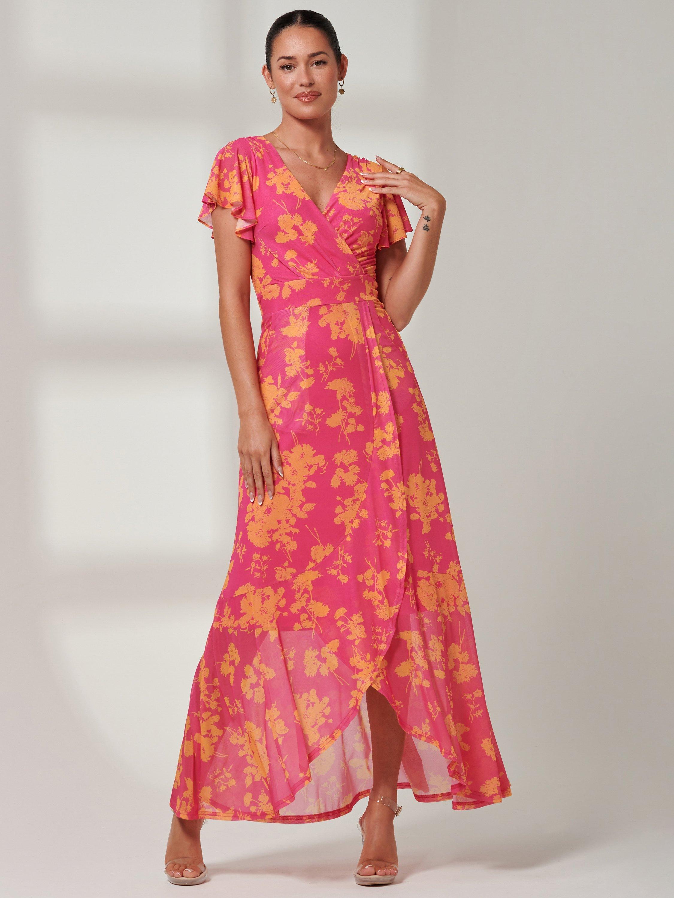 Product image 5 of 7, which shows Jolie Moi Gisselle Mesh Maxi Dress, Pink Floral, 8