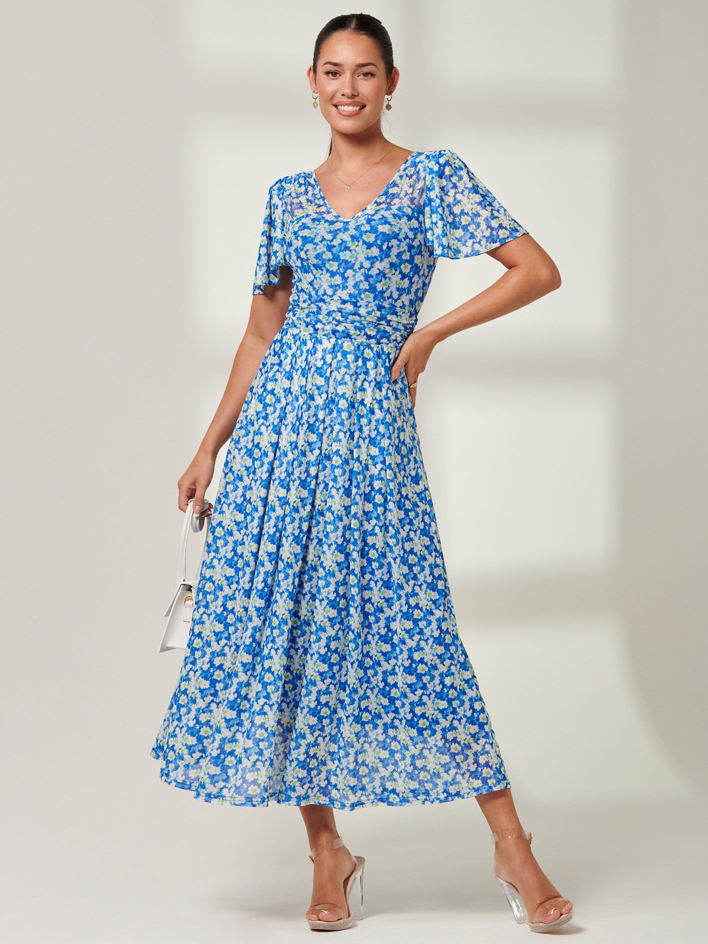 Product image 1 of 7, which shows Jolie Moi Bianca Mesh Floral Maxi Dress, Blue, 8
