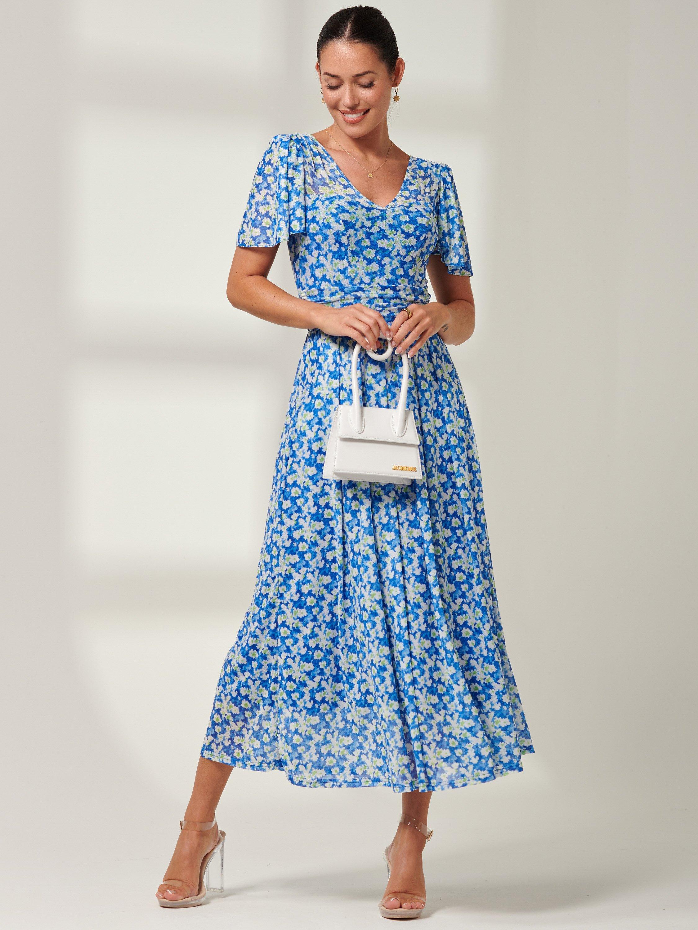 Product image 5 of 7, which shows Jolie Moi Bianca Mesh Floral Maxi Dress, Blue, 8