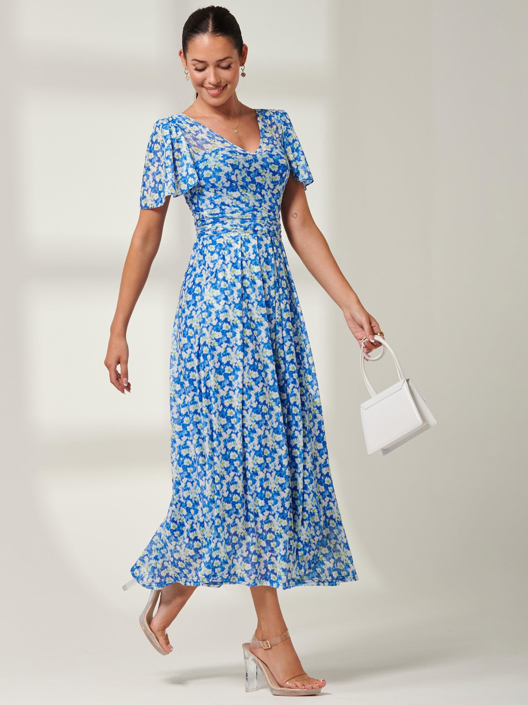 Product image 6 of 7, which shows Jolie Moi Bianca Mesh Floral Maxi Dress, Blue, 8