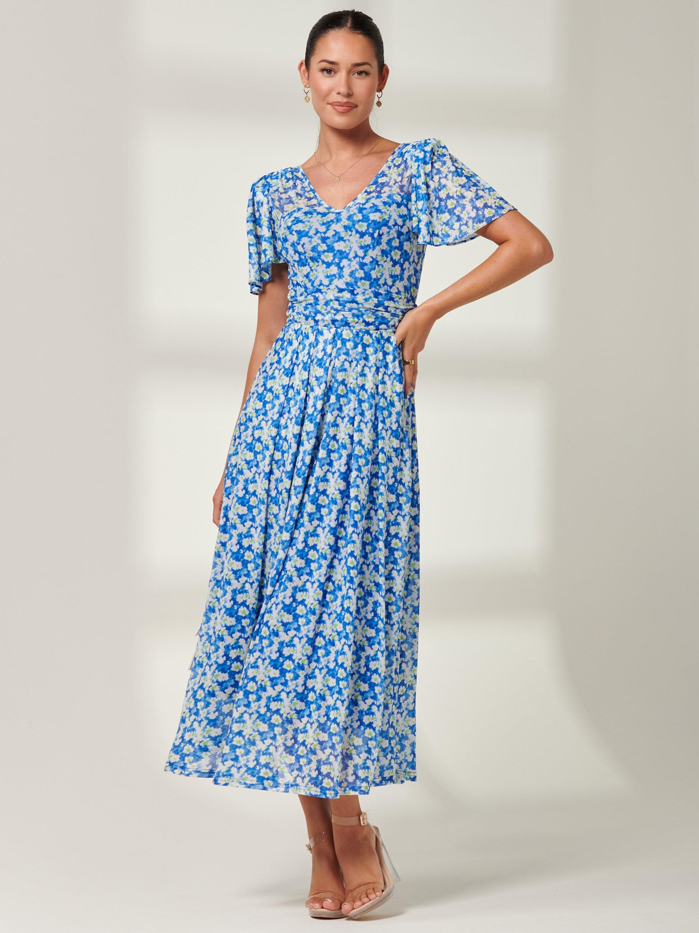 Product image 7 of 7, which shows Jolie Moi Bianca Mesh Floral Maxi Dress, Blue, 8