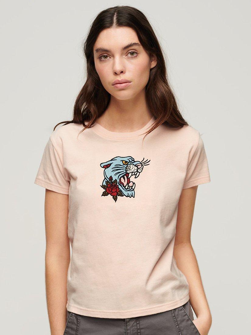 Superdry Tattoo Embroidered Fitted T-Shirt, Peach Whip Pink, 6