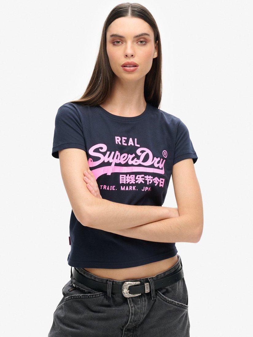 Product image 1 of 5, which shows Superdry Neon Graphic Fitted T-Shirt, Eclipse Navy, 6