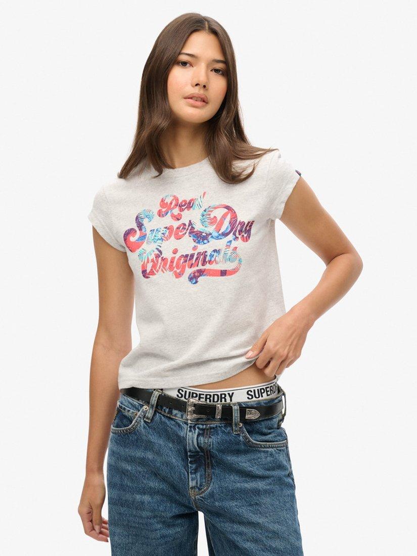 Superdry Floral Scripted Cap Sleeve T-Shirt, Flake Grey Marl, 6