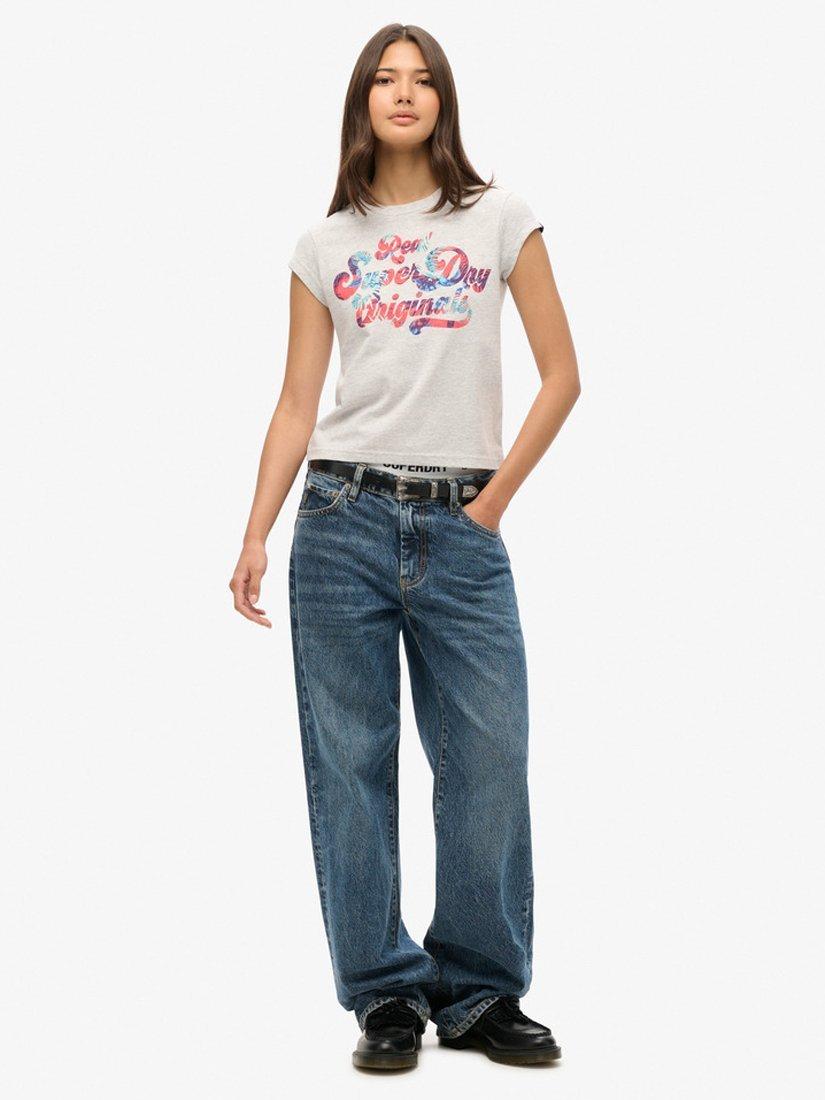 Superdry Floral Scripted Cap Sleeve T-Shirt, Flake Grey Marl, 6