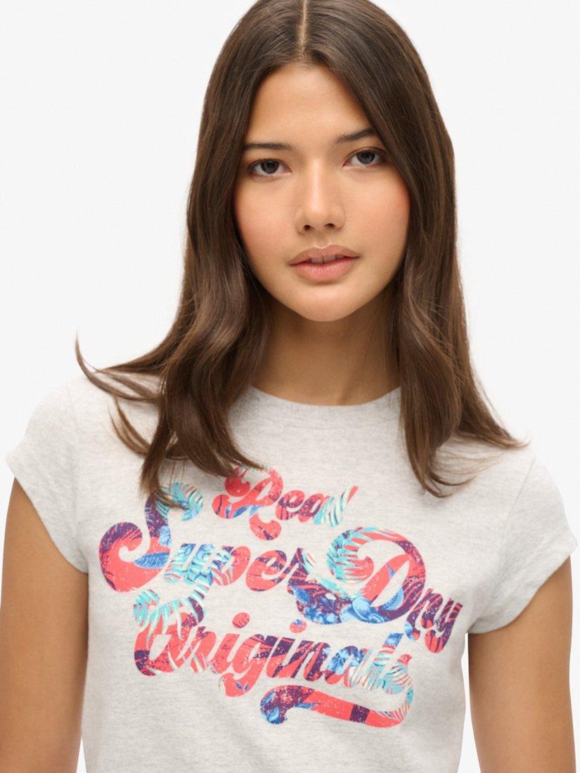 Superdry Floral Scripted Cap Sleeve T-Shirt, Flake Grey Marl, 6