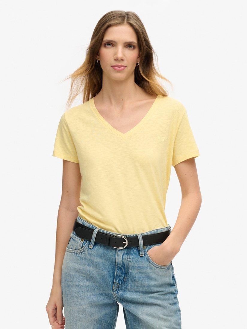 Product image 5 of 6, which shows Superdry Slub Embroidered V-Neck T-Shirt, Pale Yellow, 6
