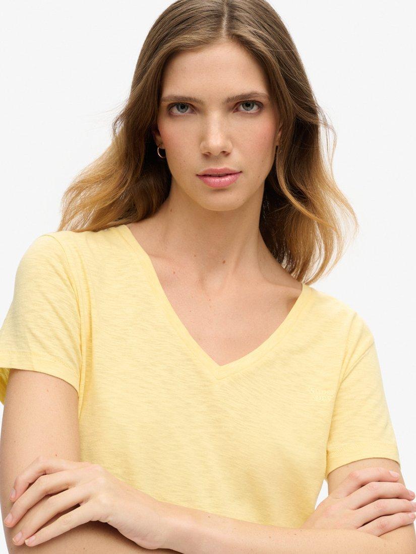 Product image 2 of 6, which shows Superdry Slub Embroidered V-Neck T-Shirt, Pale Yellow, 6