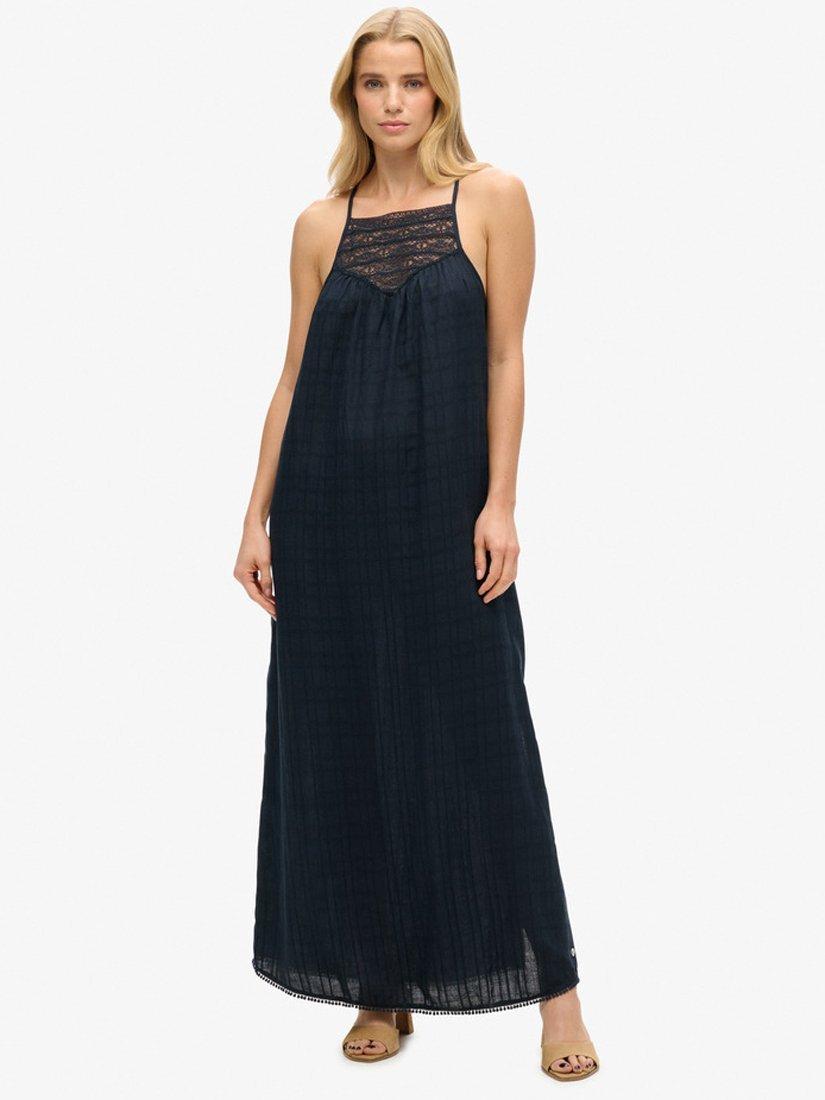 Product image 1 of 5, which shows Superdry Lace Halter Beach Maxi Dress, Eclipse Navy, 6