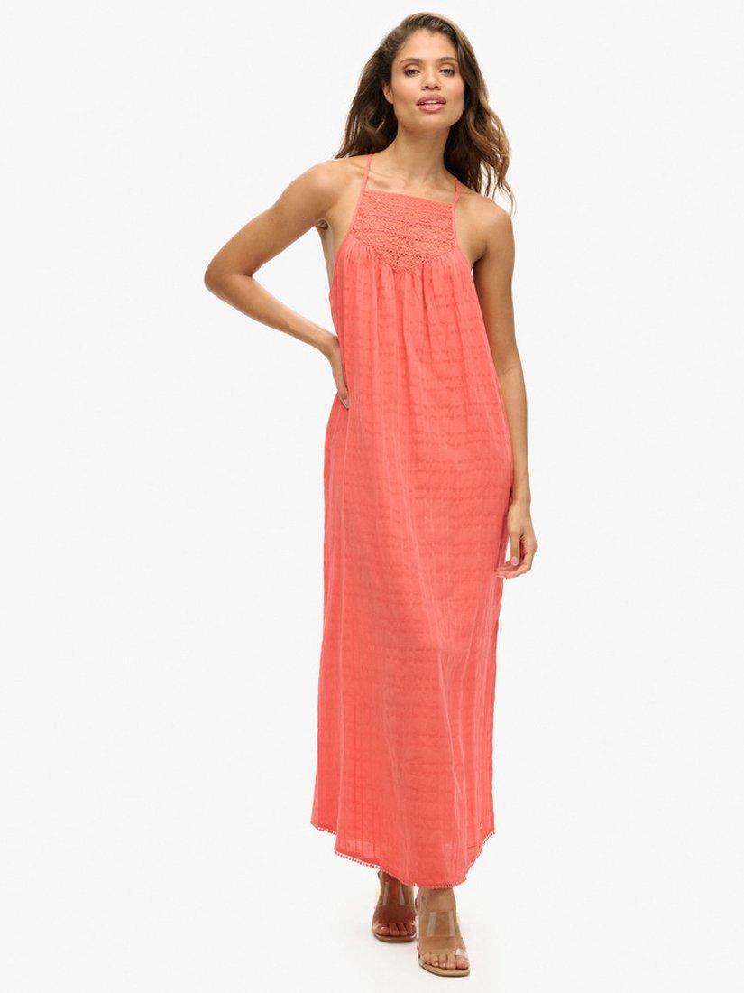 Product image 1 of 5, which shows Superdry Lace Halter Beach Maxi Dress, Blush Coral, 16