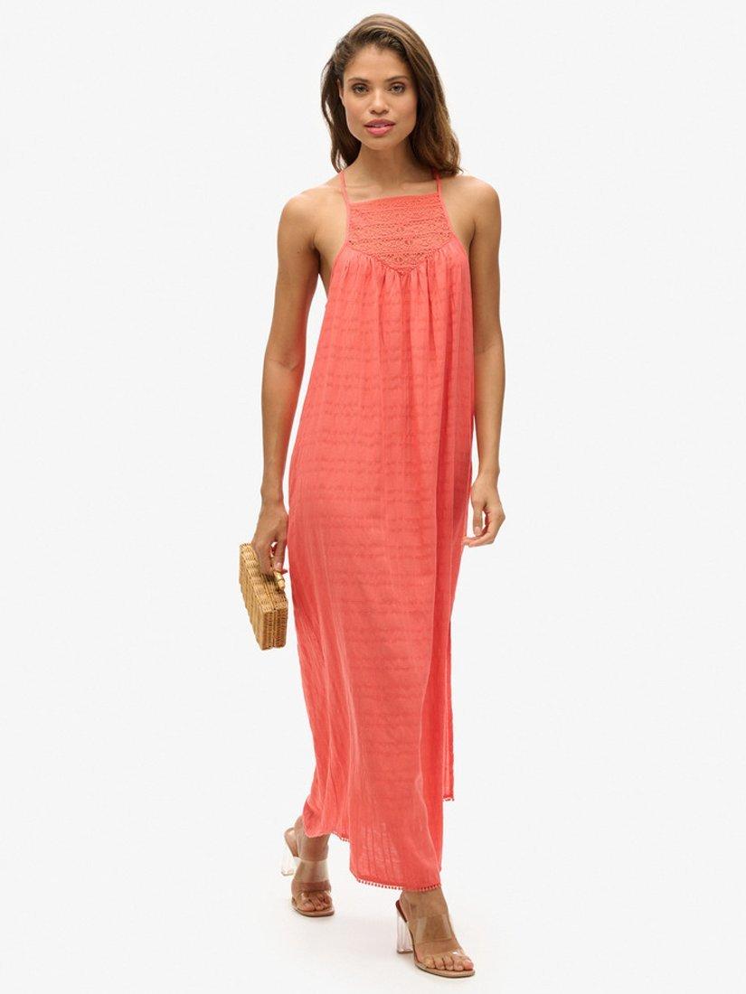 Product image 2 of 5, which shows Superdry Lace Halter Beach Maxi Dress, Blush Coral, 16