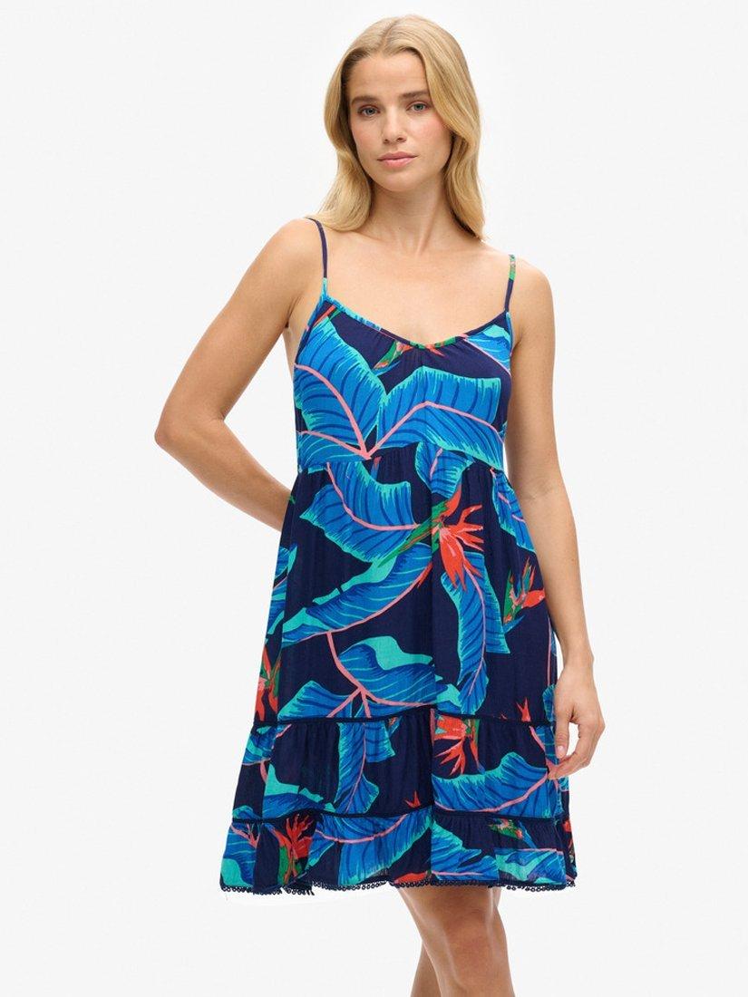Product image 1 of 5, which shows Superdry Floral Cami Beach Mini Dress, Navy Paradise, 14