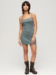 Superdry Embroidered Ribbed Strappy Mini Dress, Stormy Weather Blue