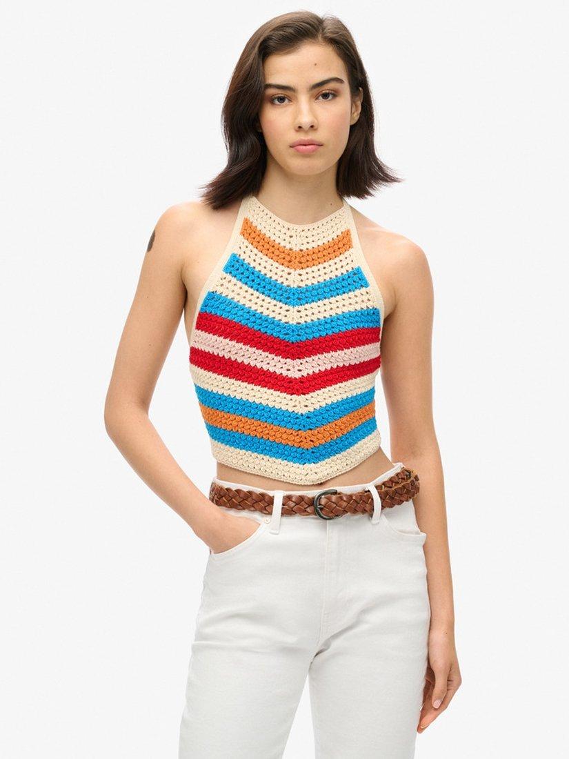 Product image 1 of 6, which shows Superdry Striped Hanky Hem Halterneck Crochet Top, Buttercream/Multi, 10