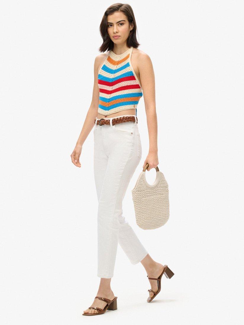 Product image 3 of 6, which shows Superdry Striped Hanky Hem Halterneck Crochet Top, Buttercream/Multi, 10