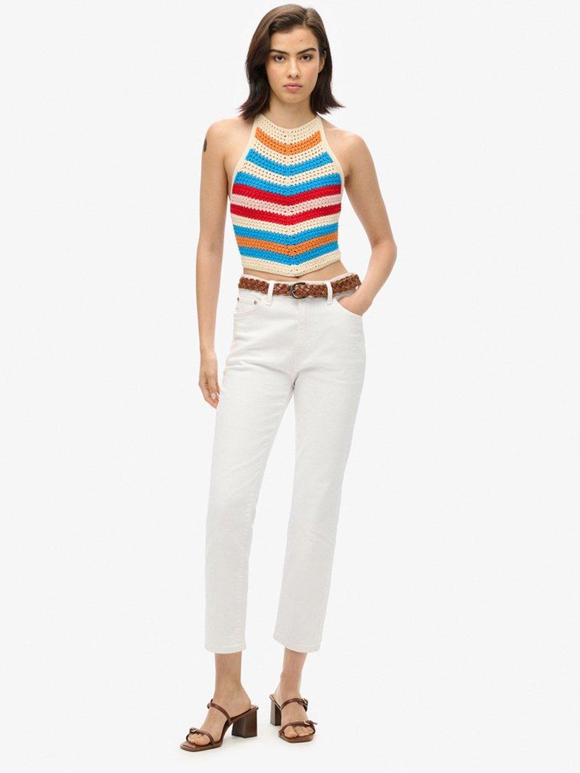 Product image 2 of 6, which shows Superdry Striped Hanky Hem Halterneck Crochet Top, Buttercream/Multi, 10