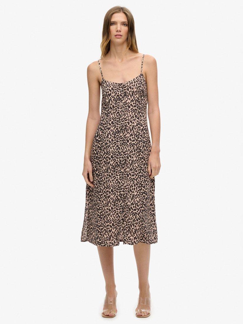 Product image 1 of 4, which shows Superdry Animal Print Button-Up Cami Midi Dress, Pink/Multi, 10
