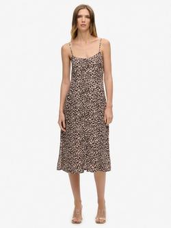 Superdry Animal Print Button-Up Cami Midi Dress, Pink/Multi, Pink/Multi