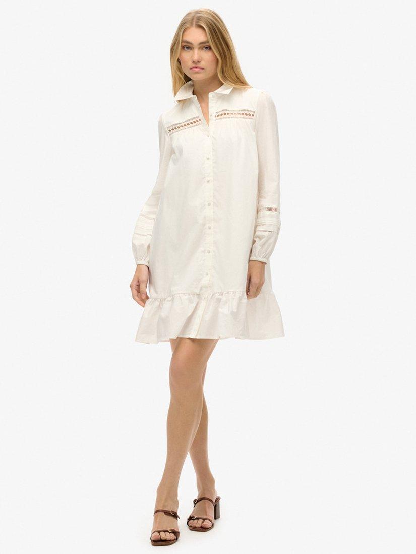 Product image 1 of 5, which shows Superdry Cotton Lace Mix Shirt Dress, Chalk White, 6
