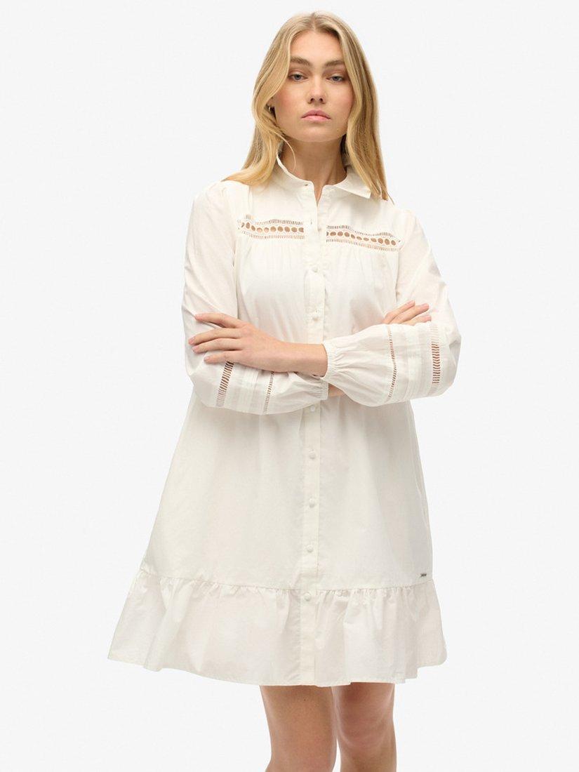 Product image 2 of 5, which shows Superdry Cotton Lace Mix Shirt Dress, Chalk White, 6