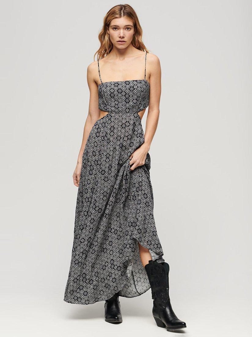 Superdry Geometric Print Open Back Maxi Dress, Black/Multi