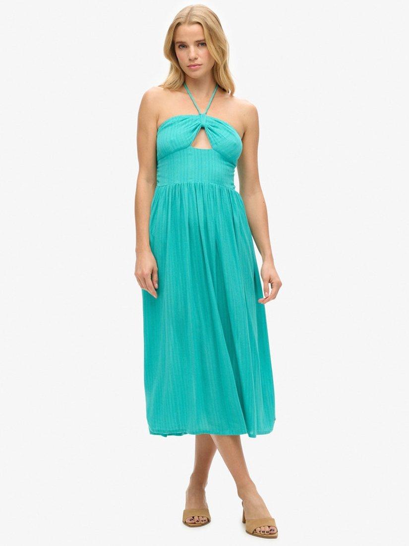 Product image 1 of 5, which shows Superdry Cut Out Halterneck Midi Dress, Tropical Green, 6