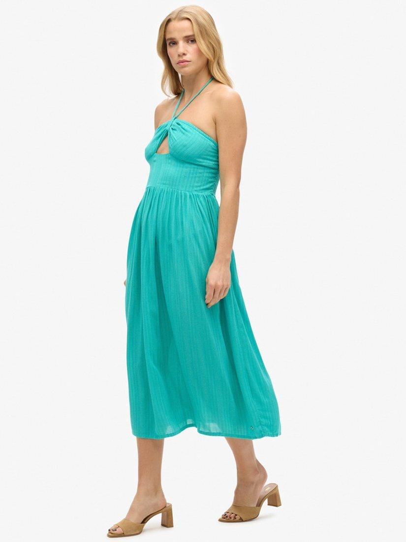 Product image 2 of 5, which shows Superdry Cut Out Halterneck Midi Dress, Tropical Green, 6