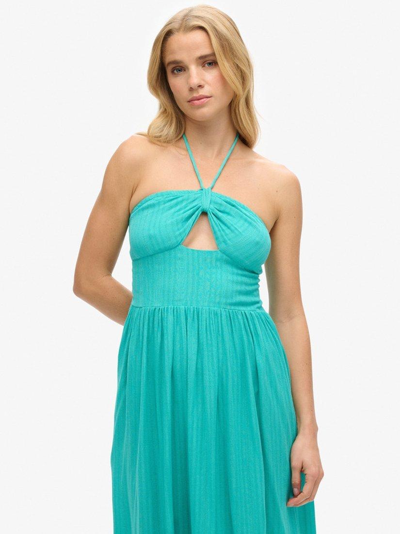 Product image 3 of 5, which shows Superdry Cut Out Halterneck Midi Dress, Tropical Green, 6