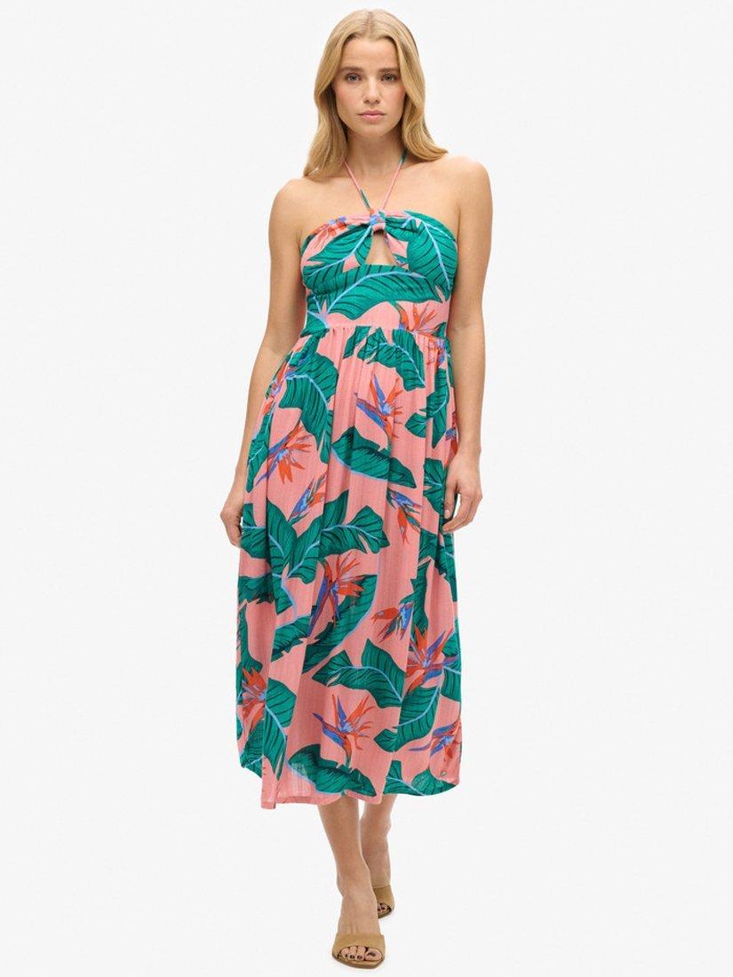 Product image 1 of 2, which shows Superdry Palm Print Cut Out Midi Dress, Paradise Pink/Multi, 12