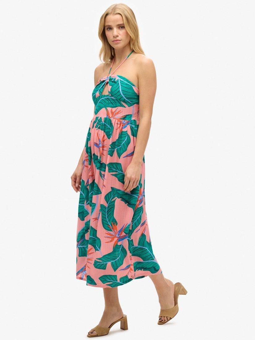 Product image 2 of 2, which shows Superdry Palm Print Cut Out Midi Dress, Paradise Pink/Multi, 12