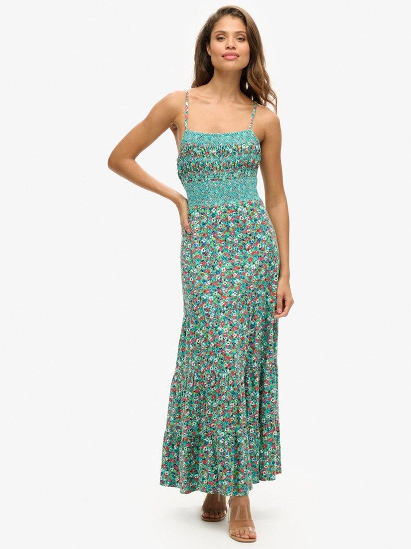 Product image 1 of 4, which shows Superdry Betsy Ditsy Smocked Cami Maxi Dress, Green, 8