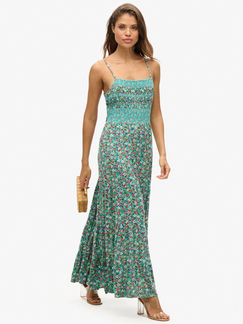 Product image 2 of 4, which shows Superdry Betsy Ditsy Smocked Cami Maxi Dress, Green, 8