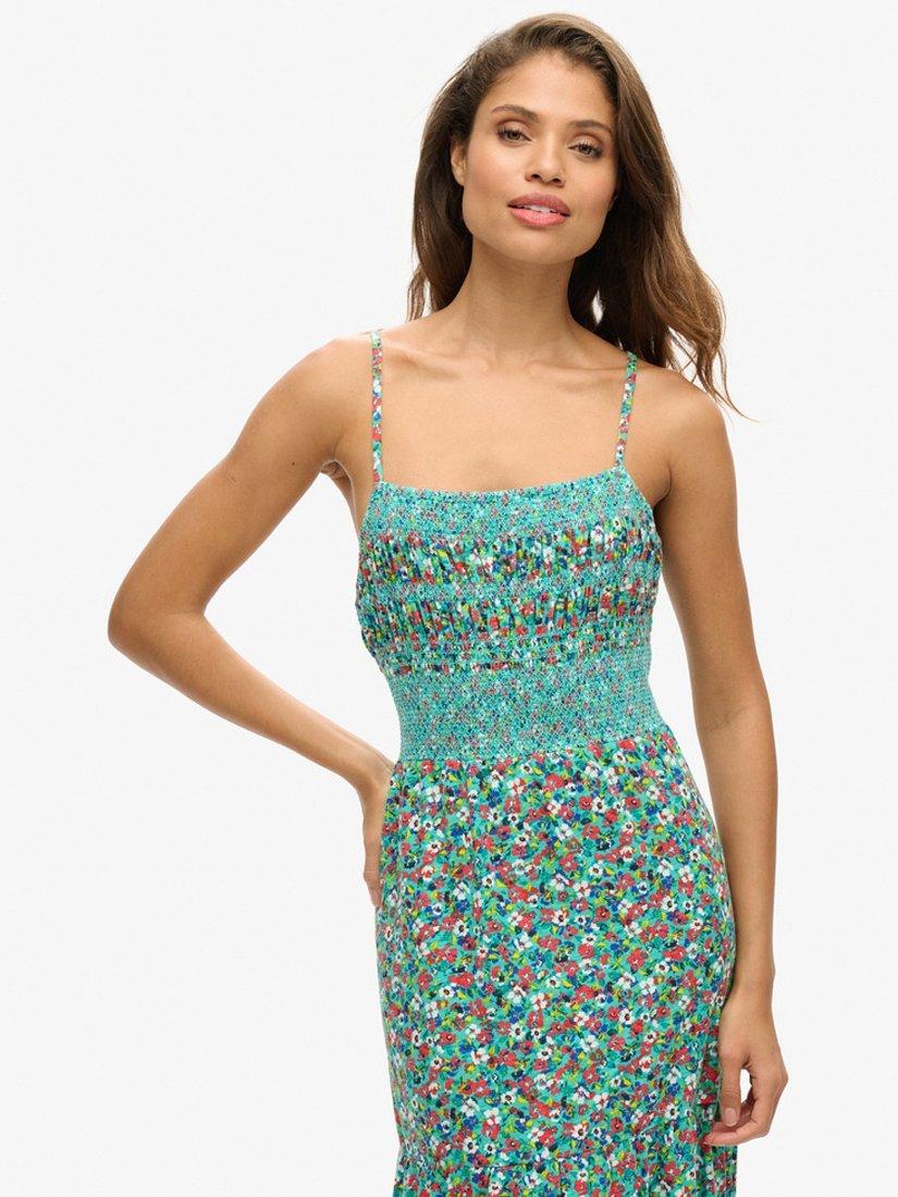 Product image 4 of 4, which shows Superdry Betsy Ditsy Smocked Cami Maxi Dress, Green, 8
