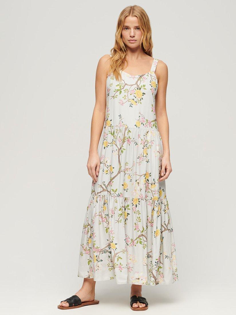 Product image 1 of 5, which shows Superdry Woven Tiered Maxi Dress, Blossom Birds Grey, 6
