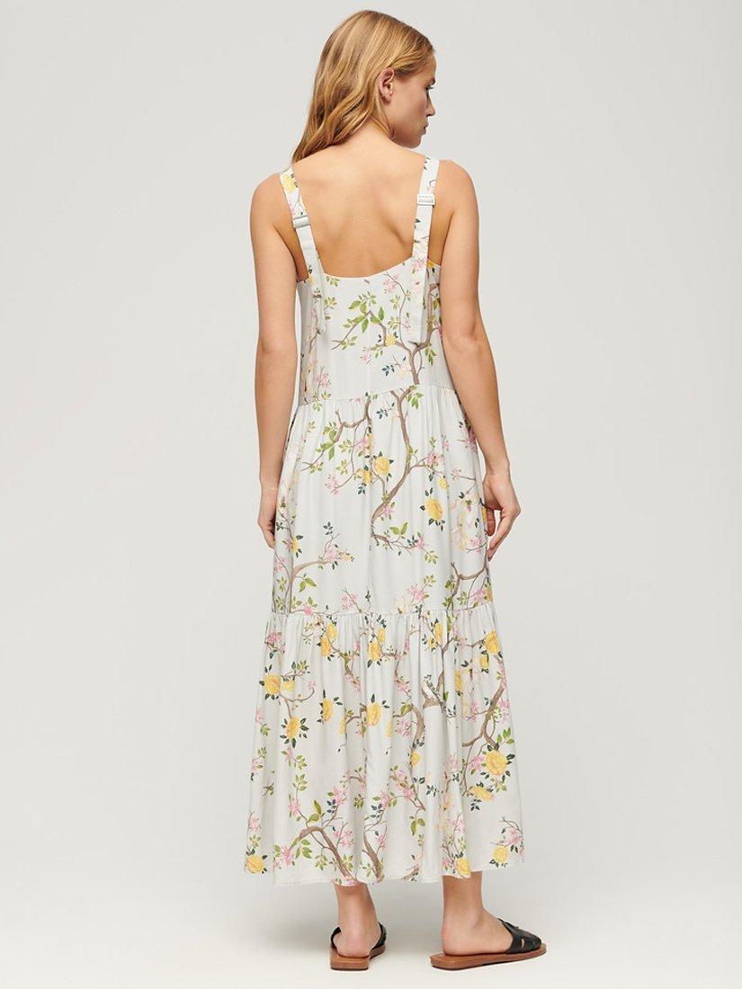 Product image 2 of 5, which shows Superdry Woven Tiered Maxi Dress, Blossom Birds Grey, 6