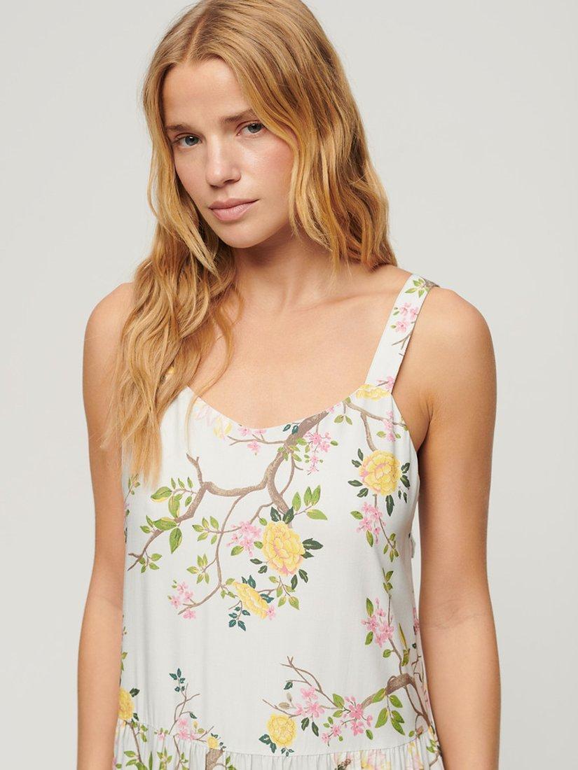 Product image 4 of 5, which shows Superdry Woven Tiered Maxi Dress, Blossom Birds Grey, 6